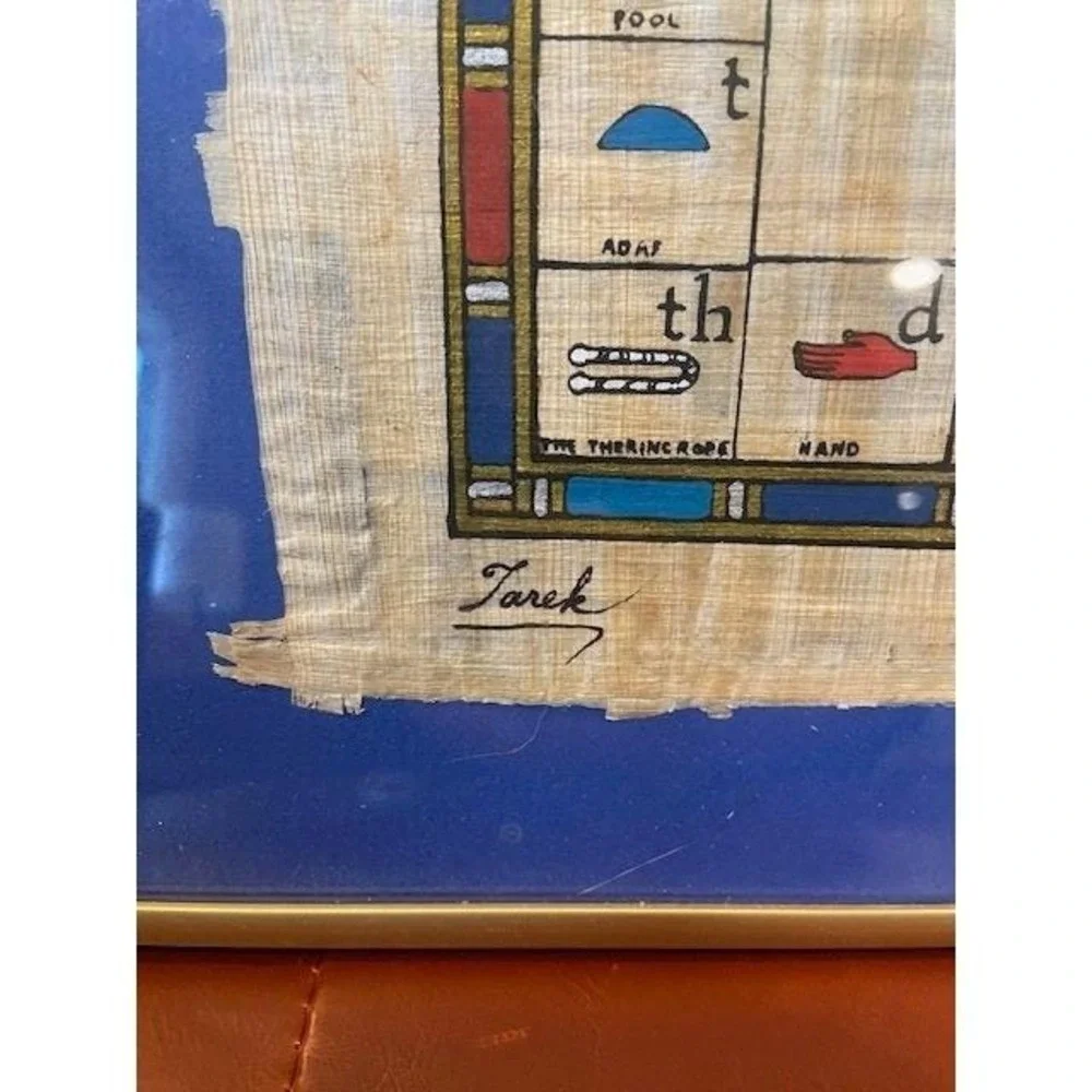 Egyptian Papyrus Art Signed Tarek Hieroglyphic Alphabet Ankh Vintage Frame 16x11